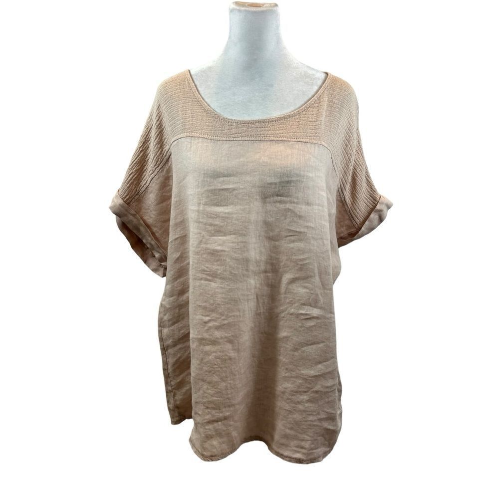 Ladies Lungo L’Arno 100% Linen Pale Pink Short‎ Sleeved Blouse Size 1X